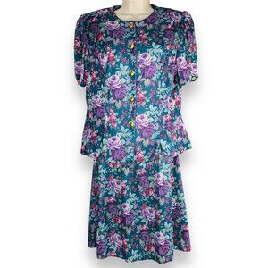 Vintage 80s Whirlaway Frocks 2 Pcs Set Floral Blouse Top Skirt Women Size 16P